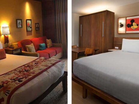 Splt screen view of a Polynesian resort room on the left and a Pop Century resort room on the right