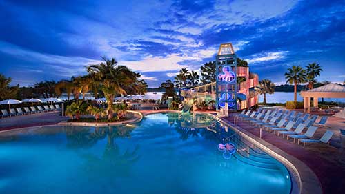 The pool at Bay Lake Tower at dusk.