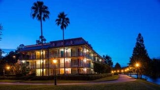 Port-Orleans-at-night View of Port Orleans resort at night.