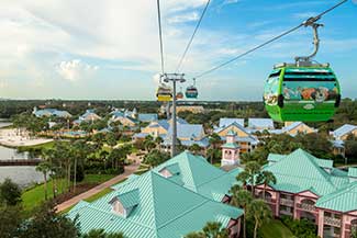 The Disney Skyliner above the Caribbean Beach Resort