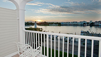 View from a Yacht Club balcony looking across Crescent Lake to the Boardwalk