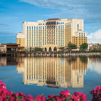 View of the Gran Destino tower from across the lake at Coronado Springs resort