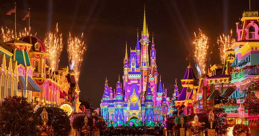 View of Cinderella Castle from Main Street during fireworks